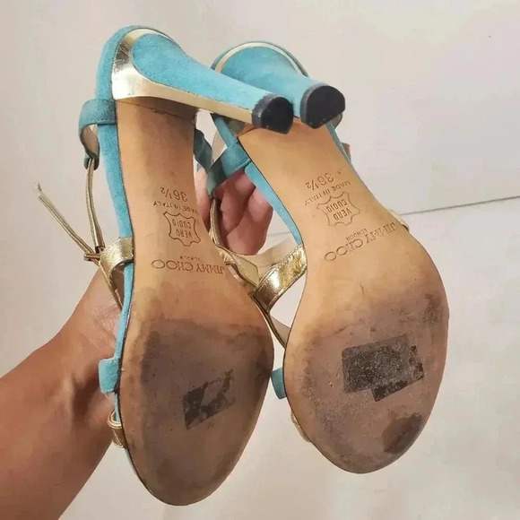 Jimmy Choo Gold and Teal Higheel Sandals Size 36.5 - Picture 7 of 7